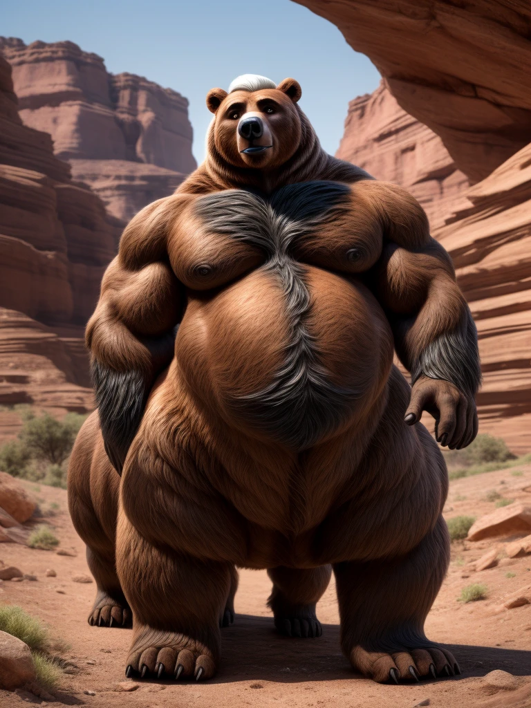 furry, fur taur, beartaur, middle-age, solo, detailed face, bear ears, bear eyes(brown), bear nose(black), bear mouth, garibaldi beard(white), mature hair(white), detailed arms, thick arms, muscular, thick hands(5 fingers), detailed body belly, thick body, muscle belly(brown), thick chest, chest hair(black), detailed taur body, thick taur body, thick bear paws, thick bear tail, full body shot, standing in the canyon