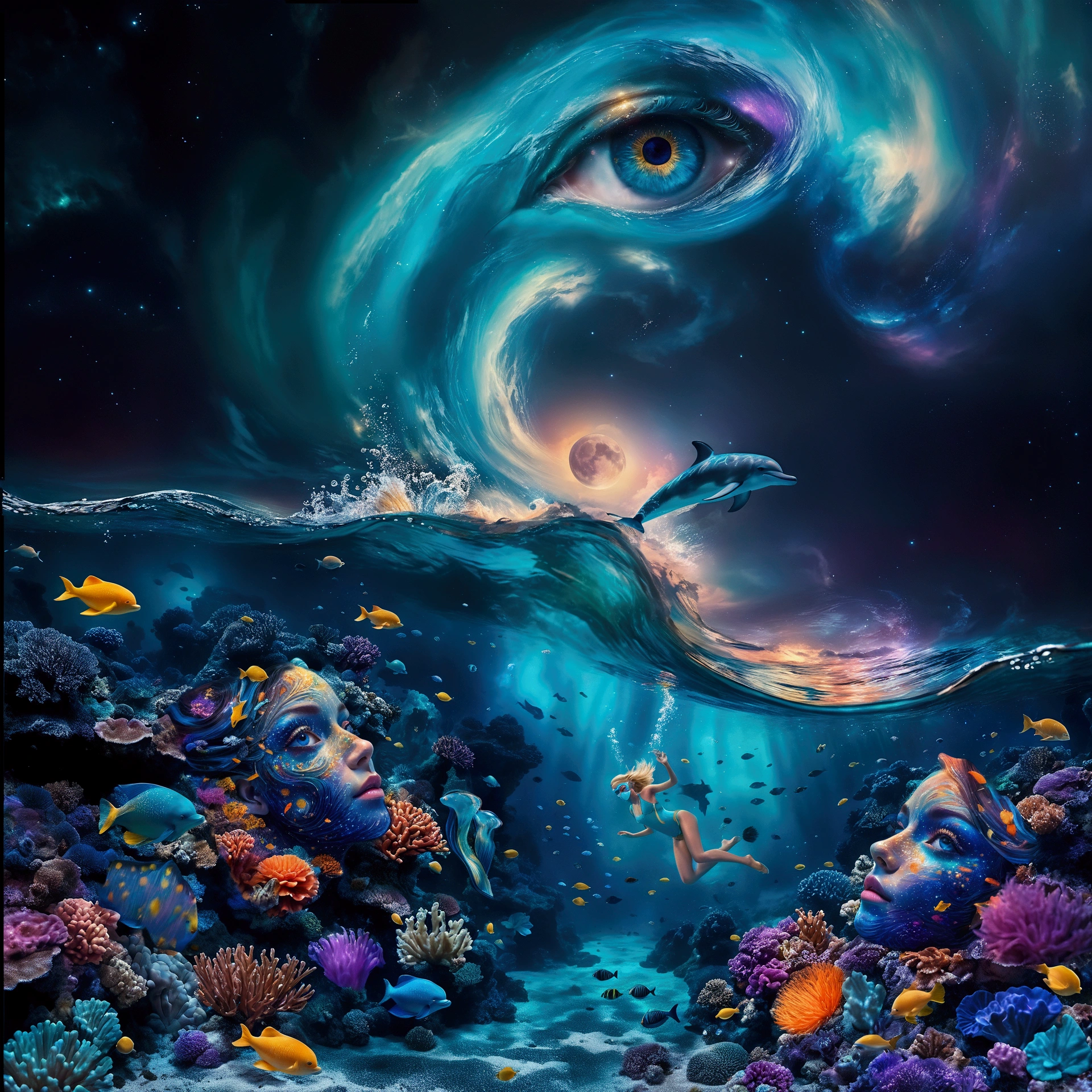 at night, Surreal, fantasy-style digital artwork featuring an underwater scene with vibrant coral reefs and various colorful fish. The layout is divided into two main sections: the underwater world and the sky above. In the underwater section, there are two large, human-like faces detailed made of coral and sea life, with intricate details and vivid colors. (A blonde woman in a bikini detailed with fins, mask and snorkel, surrounded by small bioluminescent creatures dancing around her, leaving trails of light.). Above the water, Starry sky: (A sky with a swirling galaxy evolving into a giant blue eye detailed ), embedded in a starry sky adorned with nebulae and cosmic dust. (A dolphin leaps out of the water towards a glowing moon, enhancing the dreamlike atmosphere). The overall composition is rich in detail and color, creating a captivating and otherworldly visual experience.Shimmering mist: A mist envelops the scene, lending it an ethereal quality. best quality, 8k, masterpiece, hight resolution.