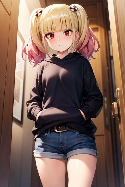 ((masterpiece)),(best quality),official art,extremely detailed CG,unity 8k wallpaper,ultra detailed,beautiful detailed eyes,extremely detailed face,1girl,solo,cowboy shot,looking at viewer,from behind,Put your hands in your pockets,niguredou julia,multicolored hair,gradient hair,pink hair,blonde hair,twintails,food-themed hair ornament,mushroom hair ornament,red eyes,white shirt,long sleeves,denim shorts,shorts rolled up,belt,Very thin thighs,