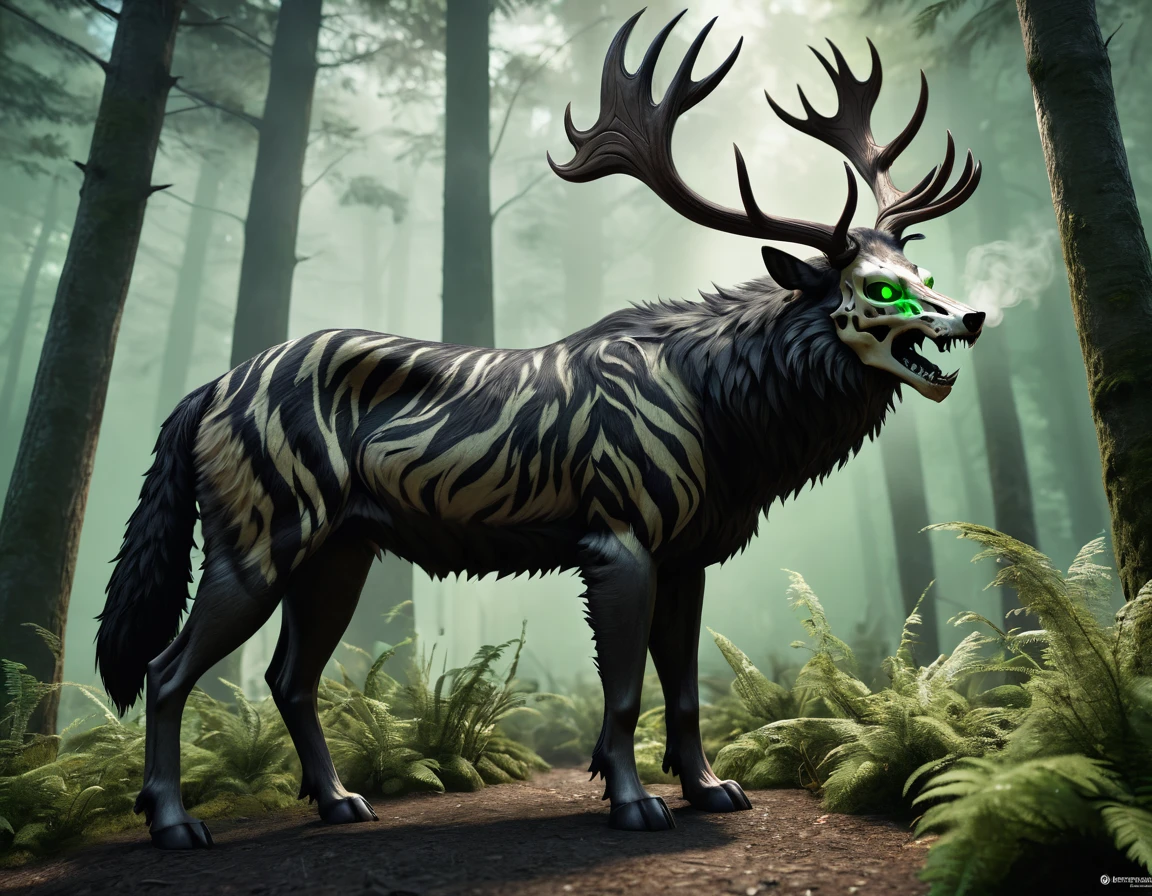 full body portrait of realistic big black beast, feral, side view, long legs, four legged, wolf tiger deer bear hybrid skull face, twisted horns, twisted antlers, deer, tiger, wolf, wendigo, bear, hybrid body with beryl green eyes, beryl green smoke from mouth, dark mysterious forest scenery, full body, cinematic, render, 8k, unreal engine, realistic, masterpiece, high detail, full body, low life, extremely intricate, extreme detail, volumetric lighting