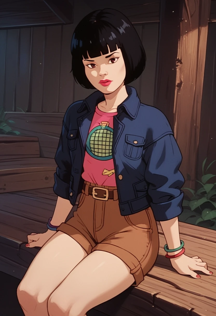 score_9, score_8, score_7, score_8_up, score_7_up, score_6_up, solo, xgix,1girl,black hair,bob cut,blunt bangs,brown eyes,lipstick,bracelet, shirt,jacket,belt,brown shorts, sitting on wood