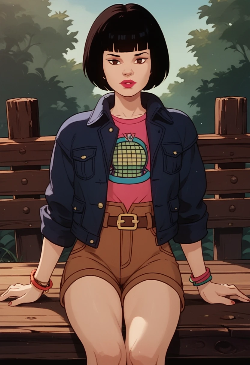 score_9, score_8, score_7, score_8_up, score_7_up, score_6_up, solo, xgix,1girl,black hair,bob cut,blunt bangs,brown eyes,lipstick,bracelet, shirt,jacket,belt,brown shorts, sitting on wood