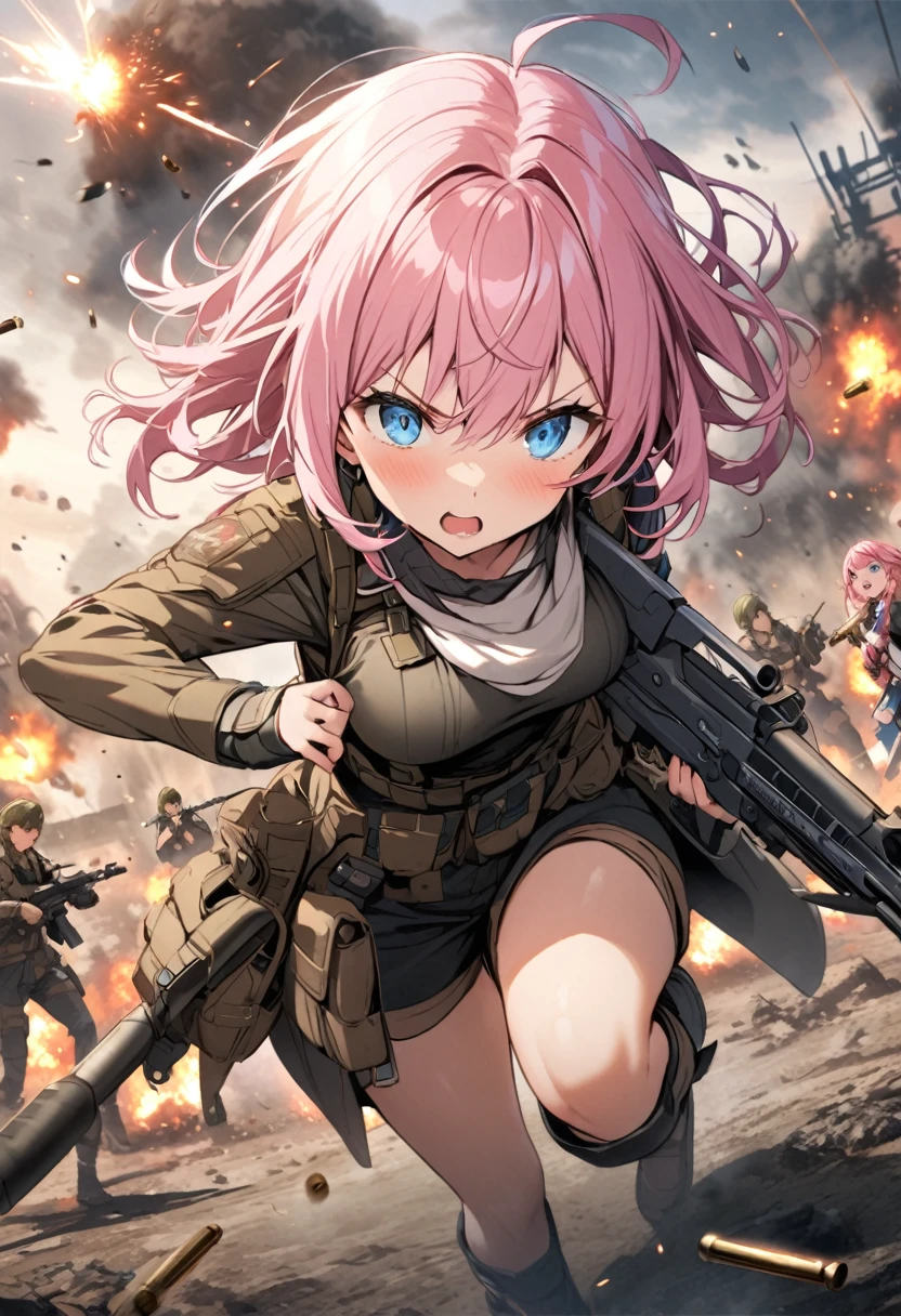 battlefield、Bullets fly around、The ground explodes、Brave Fighter、Pink haired woman、blue eyes