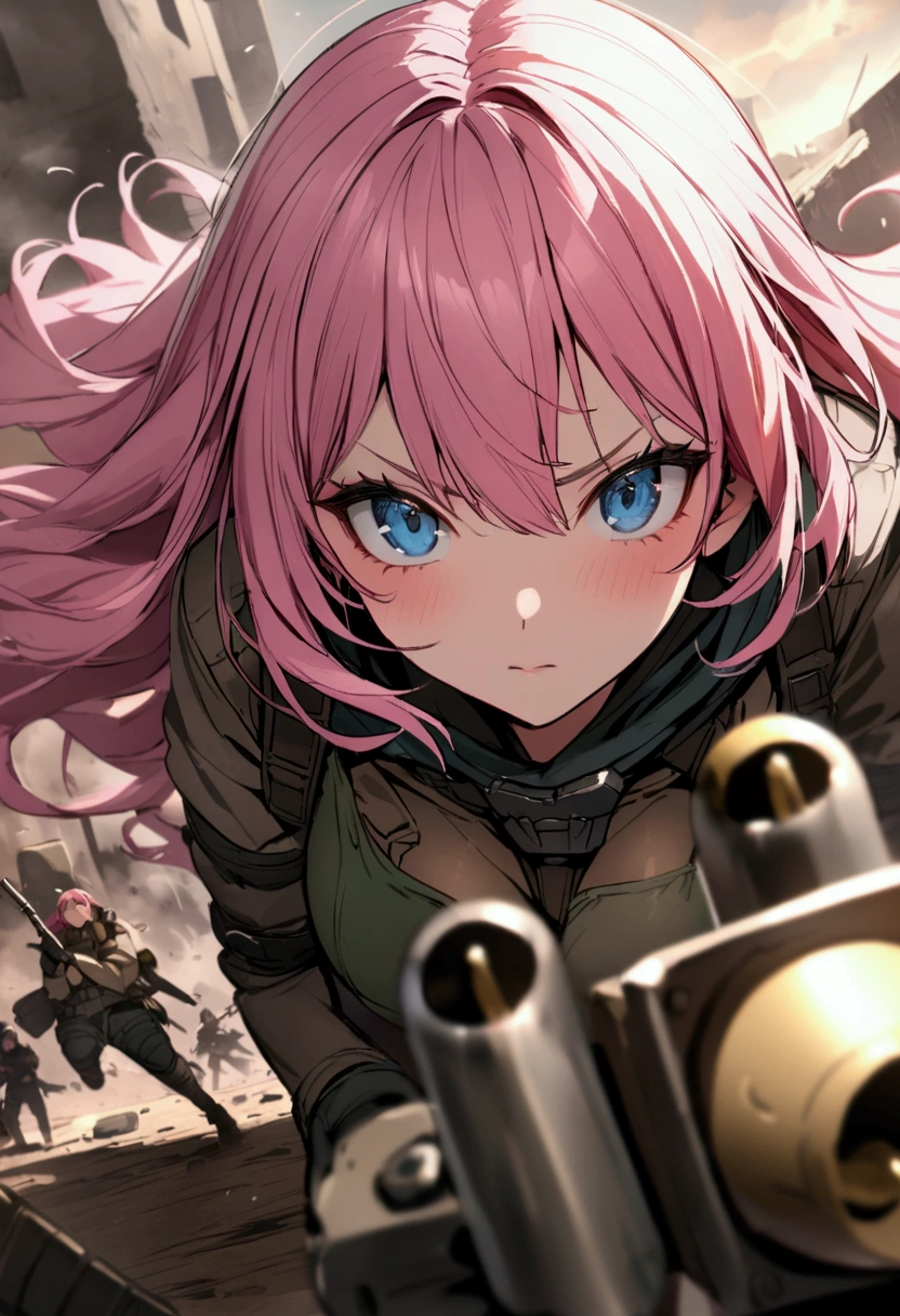 battlefield、Bullets fly around、The ground explodes、Brave Fighter、Pink haired woman、blue eyes