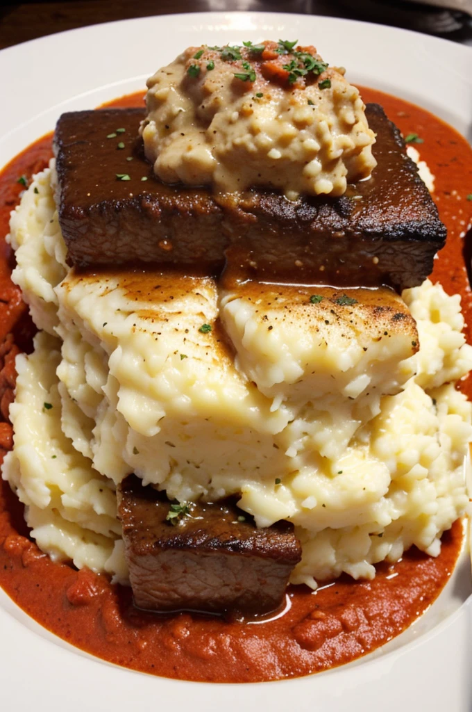 Shortrib dish with mashed cauliflower and tomato and oregano sauce