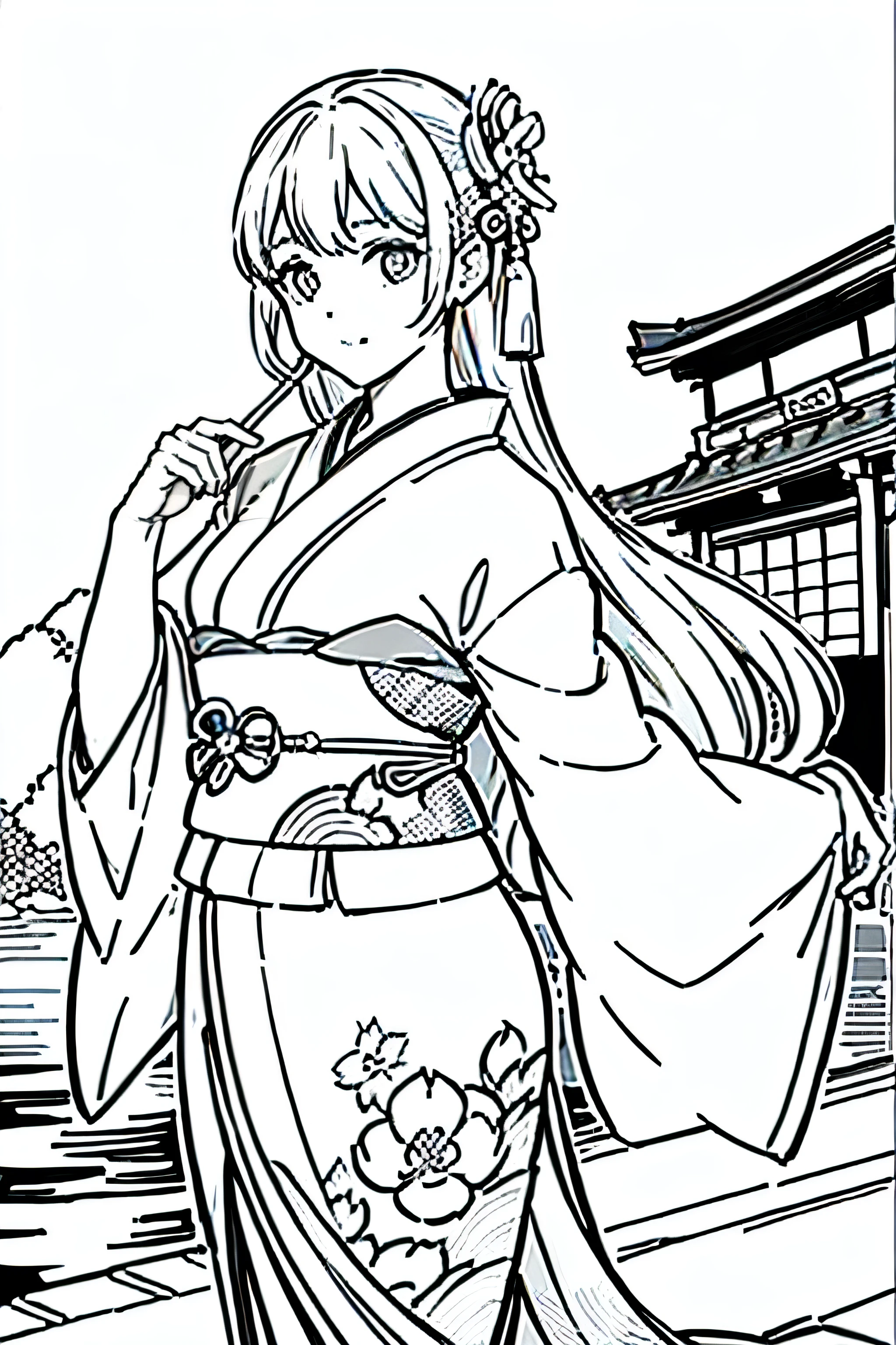 masterpiece, Top-class,only, Dragon Cute , flower line art background, White Background, monochrome, line art, ((sketch)), spooky, White eyes, 大人でも簡単にできるmonochromeの塗り絵を作ってください, A realistic and cute ukiyo-e painting of a girl in a kimono, Mr.々In a pose, With a Japanese garden in the background, Communicating Japanese culture.