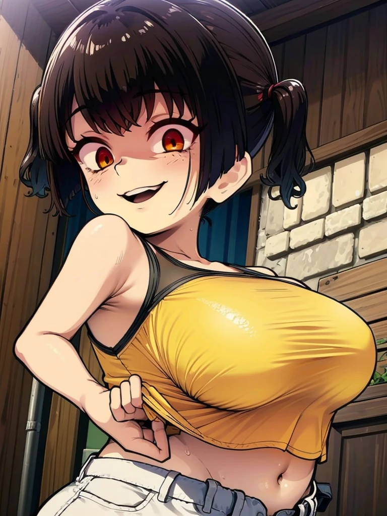 gesugaoでtitfuckをするsasaki kanna, Yellow Tank Top, underboob, Sweat, Black hair twin tails, Guess face, smile, crazy Smile, 勝ち誇ったsmile, Her body is like that of a slender elementary school student, but her breasts are large., Grip your dick between sweaty breasts, Dim torture chamber, prison