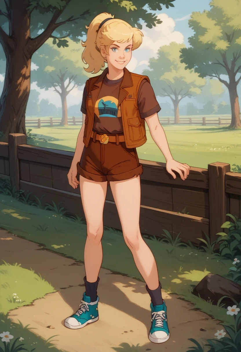 t-shirt, brown shorts, belt, brown vest, socks, sneakers, 1girl, solo, xlinkax, blonde hair, ponytail, blue eyes, medium breasts, standing in wood, grass, looking at viewer, smiling,