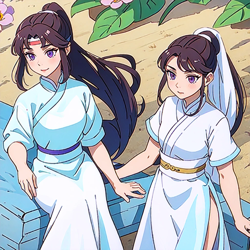 ( Best Quality, ancient china, A girl, long white Chinese dress with pastel light blue edges), long hair tied in a ponytail, Brown hair, pastel purple eyes, short sleeves
