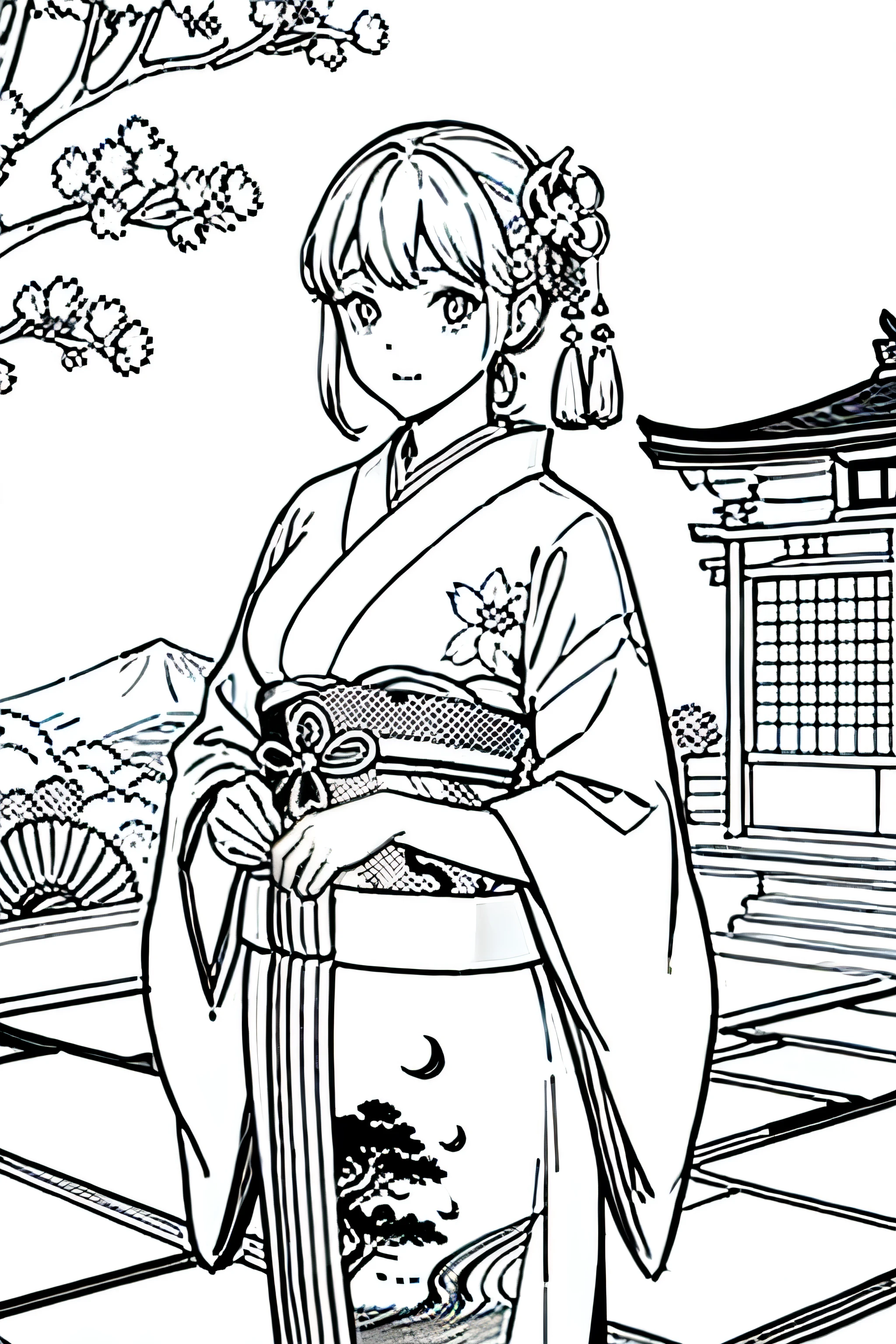masterpiece, Top-class,only, Dragon Cute , flower line art background, White Background, monochrome, line art, ((sketch)), spooky, White eyes, 大人でも簡単にできるmonochromeの塗り絵を作ってください, A realistic and cute ukiyo-e painting of a girl in a kimono, Mr.々In a pose, With a Japanese garden in the background, Communicating Japanese culture.