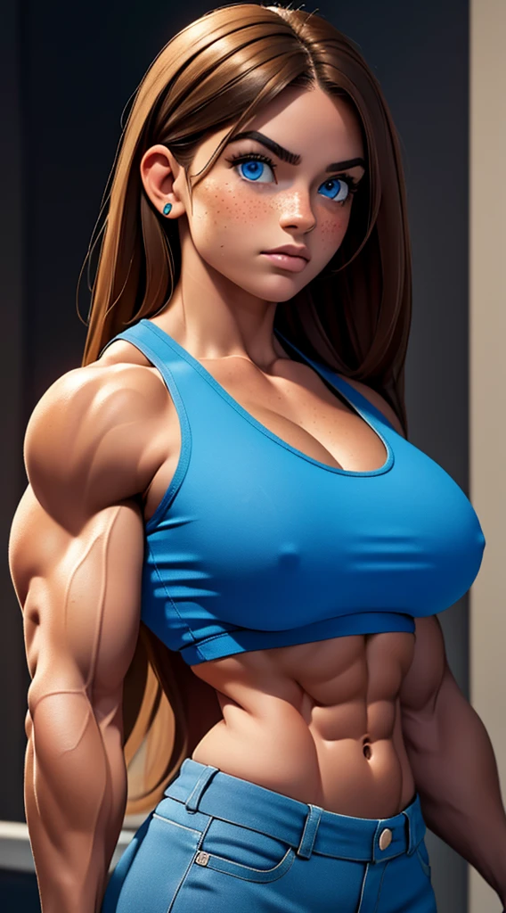 A beautiful young Italian girl with a muscular, busty physique, light brown hair, piercing blue eyes, and adorable freckles, wearing casual clothing, showcasing her incredibly defined and hyper muscular biceps, (best quality,4k,8k,highres,masterpiece:1.2),ultra-detailed,(realistic,photorealistic,photo-realistic:1.37),hyper muscular, busty, muscular, Italian, young girl, light brown hair, blue eyes, freckles, casual clothing, defined biceps, strong, athletic, dynamic pose