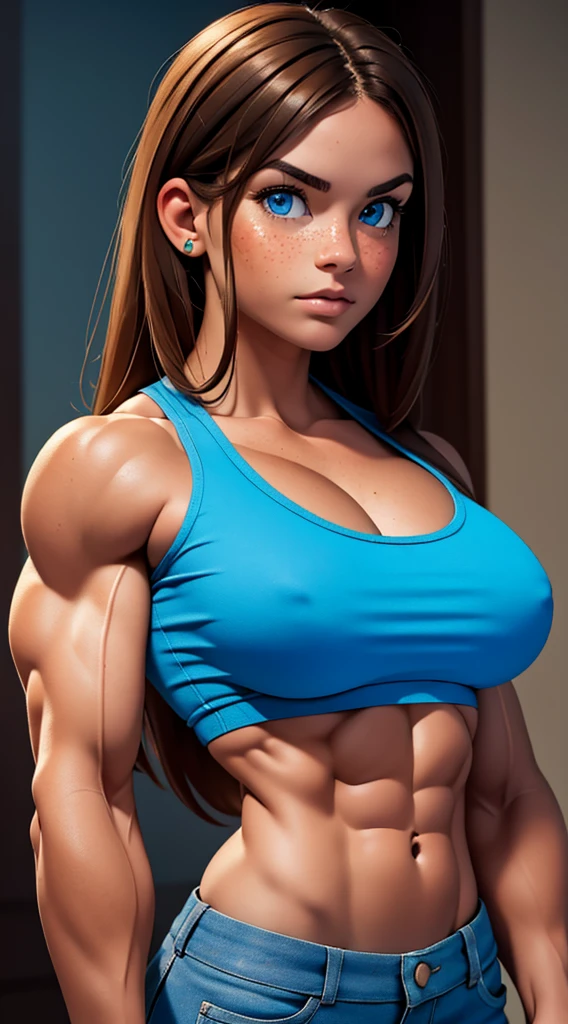 A beautiful young Italian girl with a muscular, busty physique, light brown hair, piercing blue eyes, and adorable freckles, wearing casual clothing, showcasing her incredibly defined and hyper muscular biceps, (best quality,4k,8k,highres,masterpiece:1.2),ultra-detailed,(realistic,photorealistic,photo-realistic:1.37),hyper muscular, busty, muscular, Italian, young girl, light brown hair, blue eyes, freckles, casual clothing, defined biceps, strong, athletic, dynamic pose