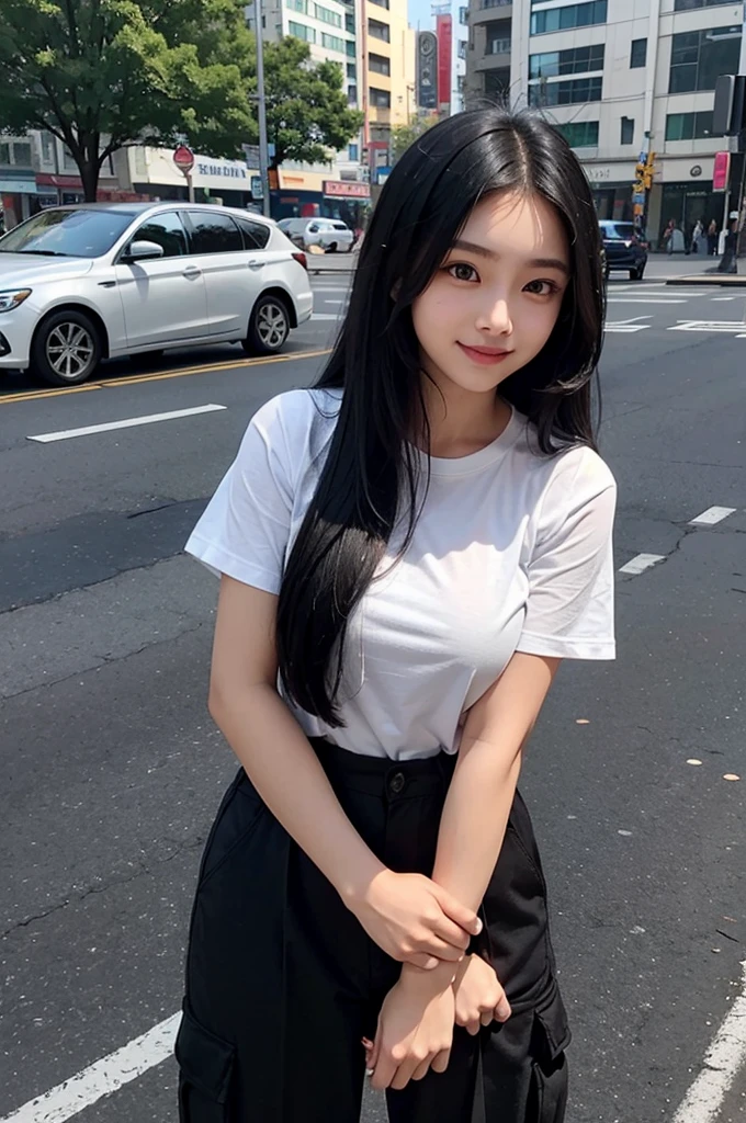 full body photo of captivating Burmese modern 22-year-old girl in the city. Straight and shine black long hair. slightly chubby. round face. big suffer eyes. mouth slightly open. perfect anatomy. suffer smile. suffer look. squinted eyes. oversize black t-shirt and loose gray cargo pant.