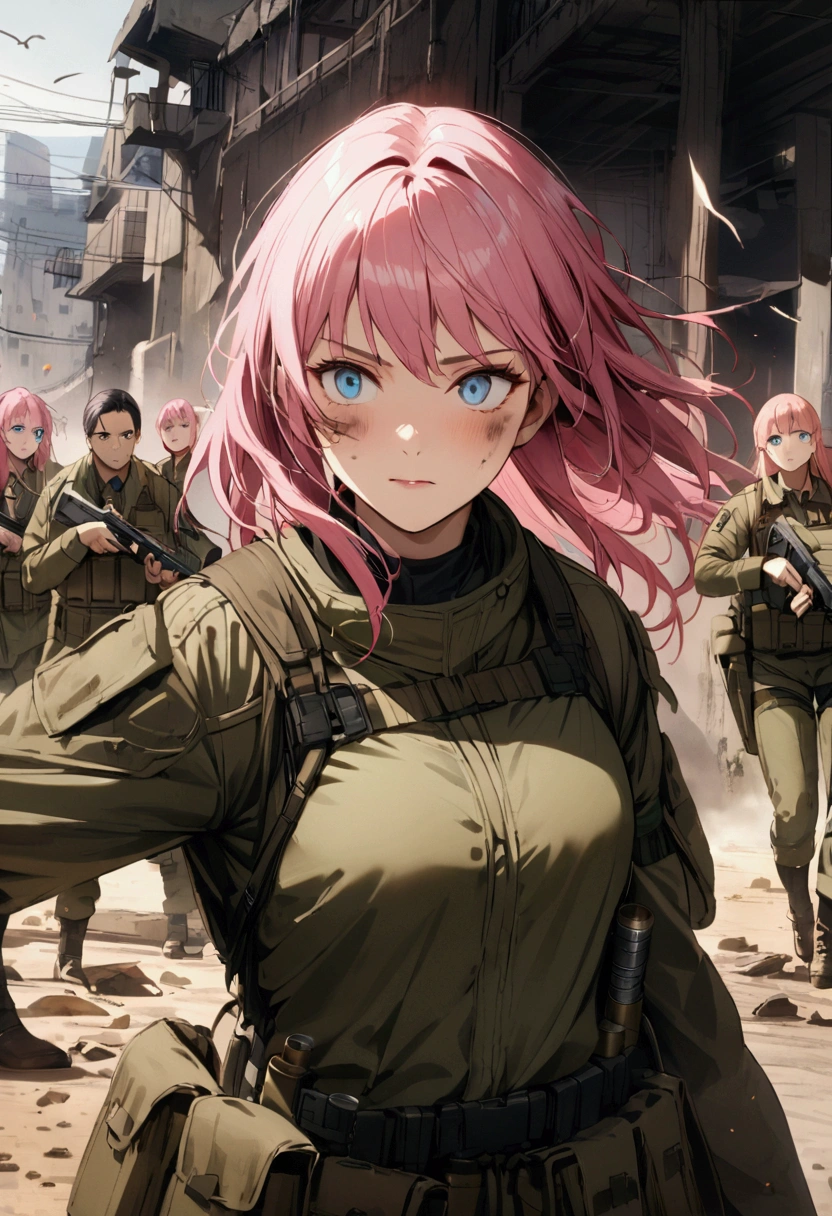 A group of anime women looking in the camera over a dystopian world.