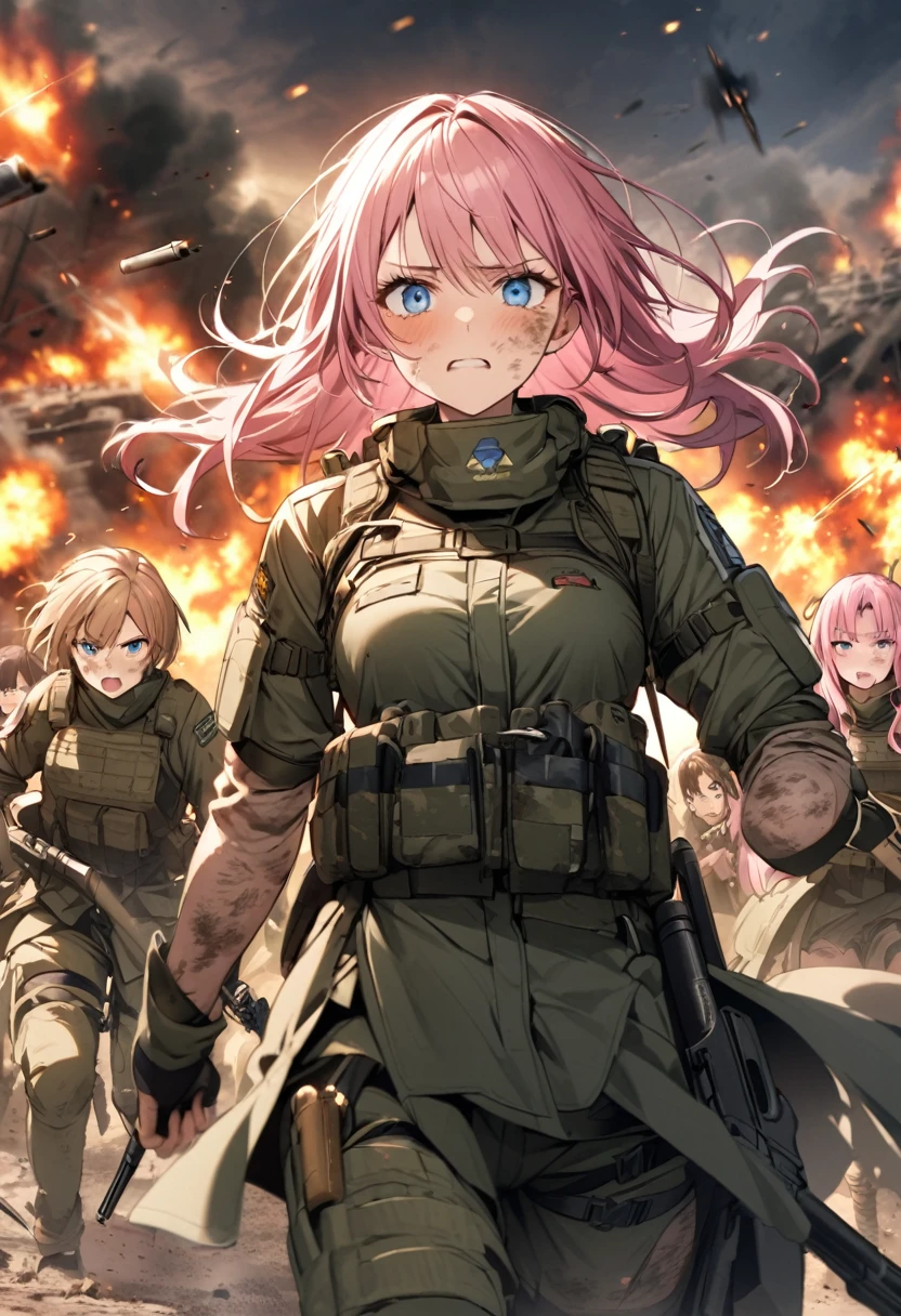 battlefield、Bullets fly around、The ground explodes、Brave Self-Defense Forces、The face is dirty、Pink haired woman、blue eyes
