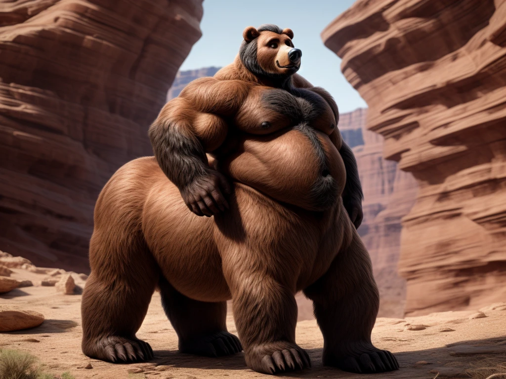 furry, fur taur, beartaur, middle-age, solo, detailed face, bear ears, bear eyes(brown), bear nose(black), bear mouth, garibaldi beard(white), mature hair(white), detailed arms, thick arms, muscular, thick hands(5 fingers), detailed body belly, thick body, muscle belly(brown), thick chest, chest hair(black), detailed taur body, thick taur body, thick bear paws, thick bear tail, full body shot, standing in the canyon