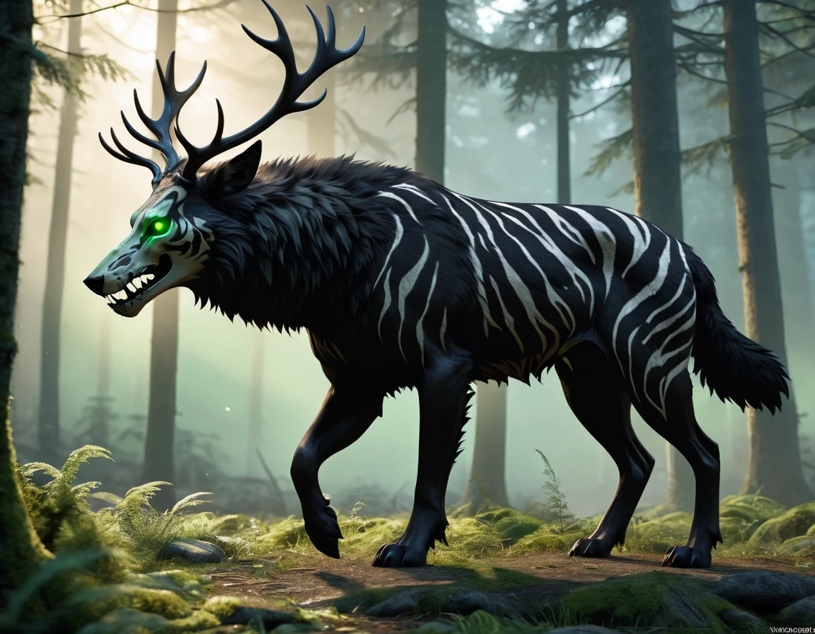 full body portrait of realistic big black beast, feral, side view, walking motion, long legs, four legged, wolf tiger deer bear hybrid skull face, twisted horns, twisted antlers, deer, tiger, wolf, wendigo, bear, hybrid body with beryl green eyes, beryl green smoke from mouth, dark mysterious forest scenery, full body, cinematic, render, 8k, unreal engine, realistic, masterpiece, high detail, full body, low life, extremely intricate, extreme detail, volumetric lighting