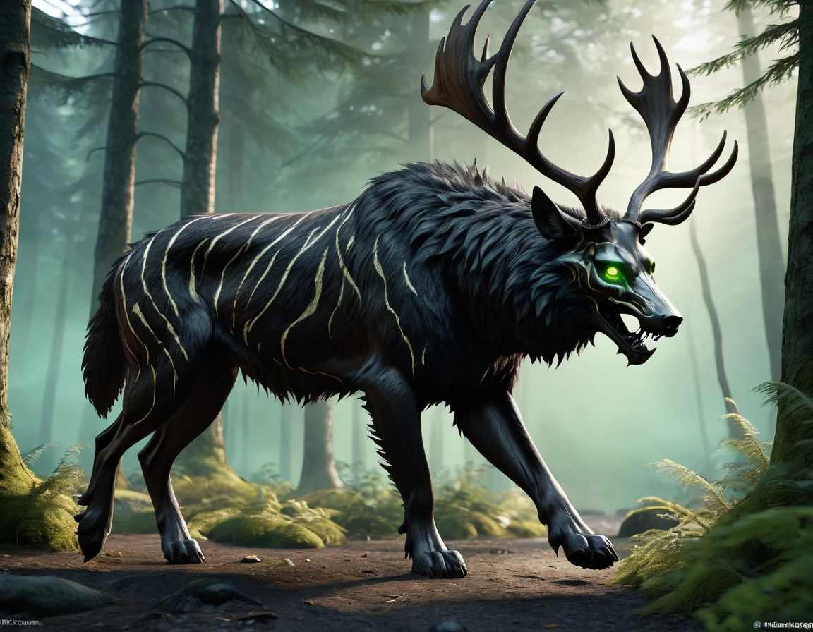 full body portrait of realistic big black beast, feral, side view, walking motion, long legs, four legged, wolf tiger deer bear hybrid skull face, twisted horns, twisted antlers, deer, tiger, wolf, wendigo, bear, hybrid body with beryl green eyes, beryl green smoke from mouth, dark mysterious forest scenery, full body, cinematic, render, 8k, unreal engine, realistic, masterpiece, high detail, full body, low life, extremely intricate, extreme detail, volumetric lighting