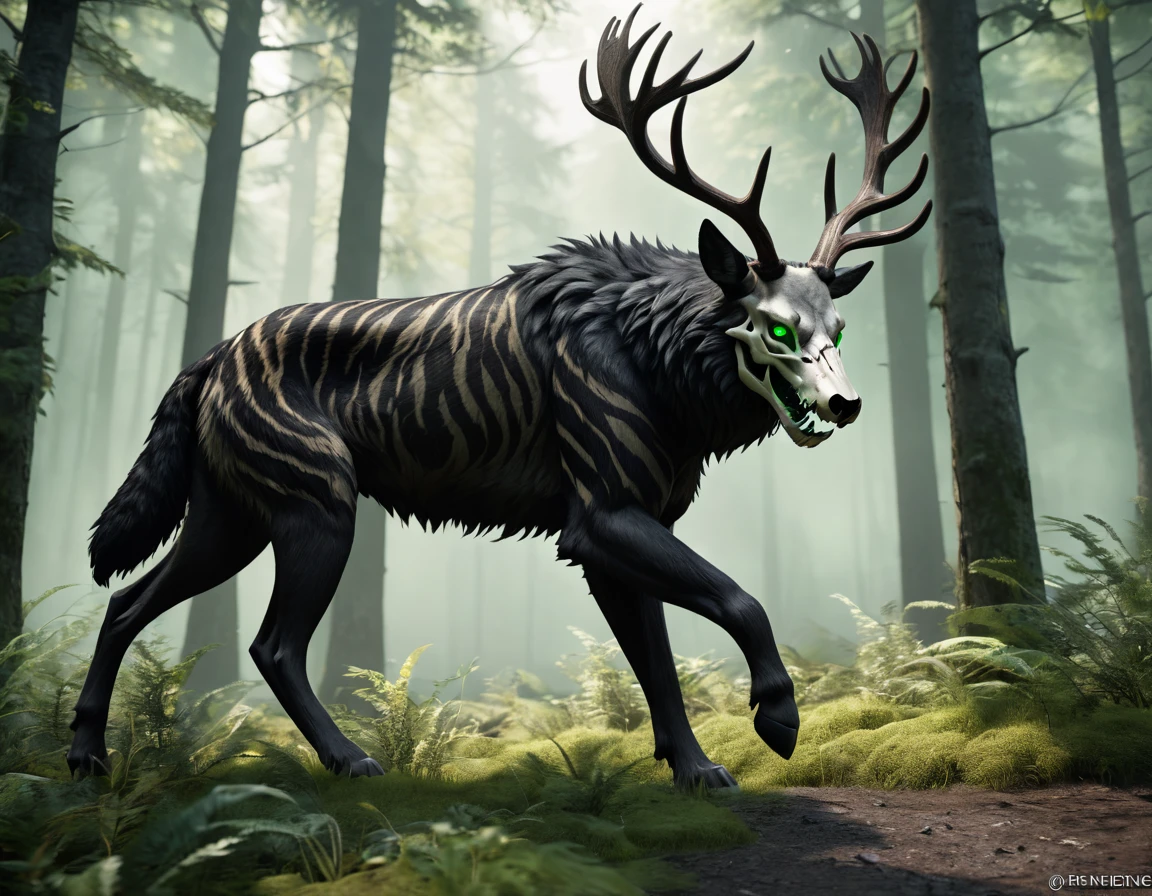 full body portrait of realistic big black beast, feral, side view, walking motion, long legs, four legged, wolf tiger deer bear hybrid skull face, twisted horns, twisted antlers, deer, tiger, wolf, wendigo, bear, hybrid body with beryl green eyes, beryl green smoke from mouth, dark mysterious forest scenery, full body, cinematic, render, 8k, unreal engine, realistic, masterpiece, high detail, full body, low life, extremely intricate, extreme detail, volumetric lighting