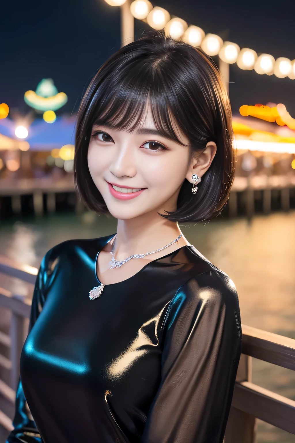 (detailed skin:1.2),(shiny skin:1.1),8k,best quality, masterpiece, ultra high res,(fair skin:1.2), Long sleeve blouse、Black Hair、Short Haircut、Ear piercing、Necklace around the neck、smile、Beautiful teeth alignment、Pier at night