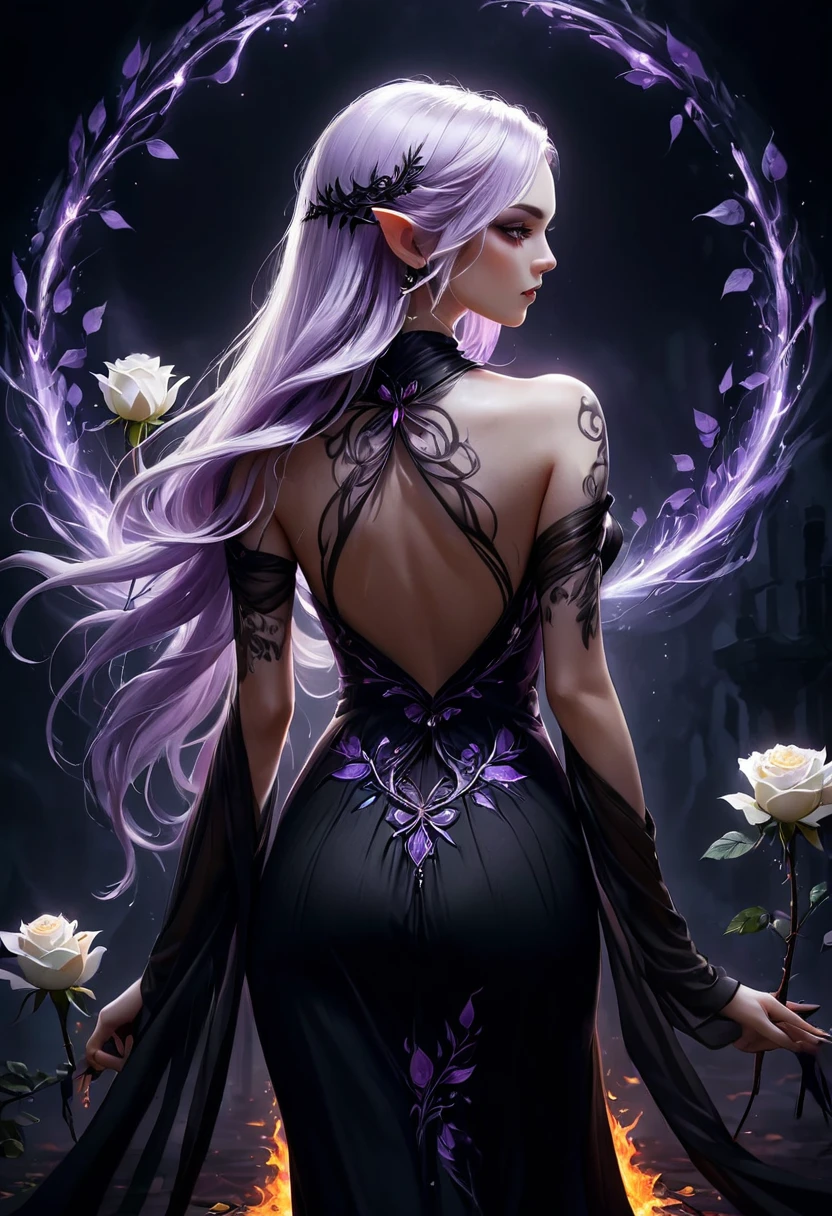 Arafed, Dark fantasy art, fantasy art, goth art, a picture of a tattoo on the back of a female elf, a glowing tattoo of a ((white rose: 1.3)) on the elf's back, the ((rose tattoo)) is vivid, intricate detailed coming to life from the ink to real life, GlowingRunesAI_purple, ((fire surrounds the rose petals: 1.5)), shoot taken from the back, ((the back is visible: 1.3), she wears a transparent black dress, the dress is elegant, flowing, elven style, that the tattoos glow, dynamic hair color, dynamic hair style, faize,, Digital Painting