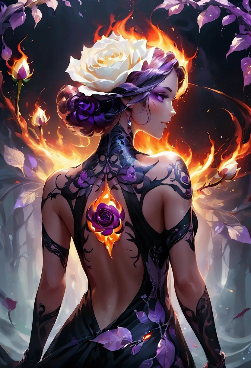 Arafed, Dark fantasy art, fantasy art, goth art, a picture of a tattoo on the back of a female elf, a glowing tattoo of a ((white rose: 1.3)) on the elf's back, the ((rose tattoo)) is vivid, intricate detailed coming to life from the ink to real life, GlowingRunesAI_purple, ((fire surrounds the rose petals: 1.5)), shoot taken from the back, ((the back is visible: 1.3), she wears a transparent black dress, the dress is elegant, flowing, elven style, that the tattoos glow, dynamic hair color, dynamic hair style, faize,, Digital Painting