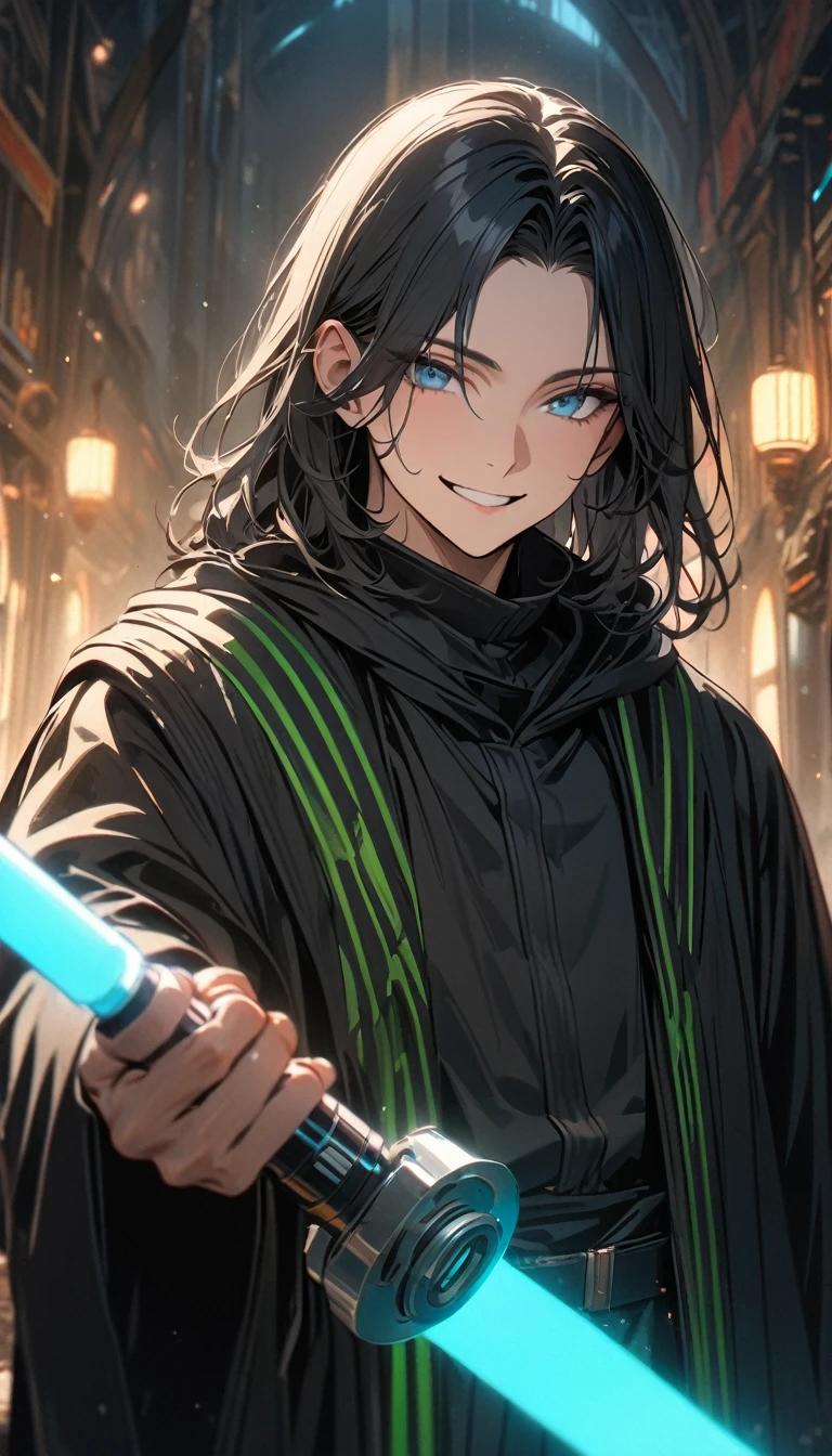 Adult man, long black hair, blue eyes, Master Jedi robe, turquoise lightsaber, smile, Masterpiece, best quality, Full HD, 8k, ultra details, great graphic