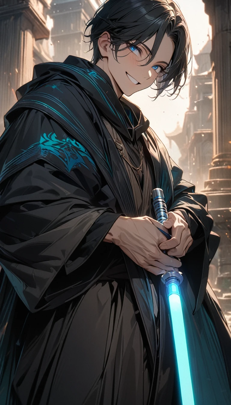 Adult man, long black hair, blue eyes, Master Jedi robe, turquoise lightsaber, smile, Masterpiece, best quality, Full HD, 8k, ultra details, great graphic