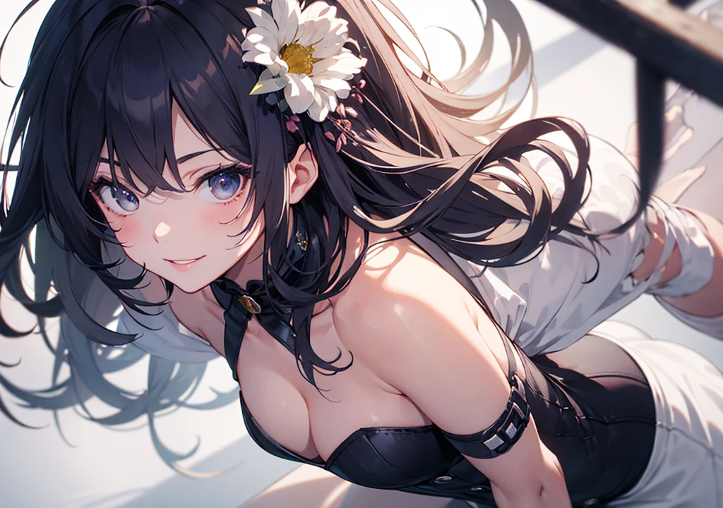 Realistic photos, Focus distance 10mm, Red and white, A big smile, Beautiful girl, Realistic photos, Focus distance 10mmで撮影, masterpiece, 最high quality, high quality, Very detailed CG 8k wallpaper unit, Award-winning photography, Depth of written boundary, High resolution, bloom, chromatic aberration, Realistic, Very detailed, Art Station Trends, CGsociety Trends, Complex, High detail, dramatic, Art on the go, volumetric lighting, A beautiful girl who is the personification of blueberry cheesecake。An elegant figure with blueberry-colored hair and a cream dress