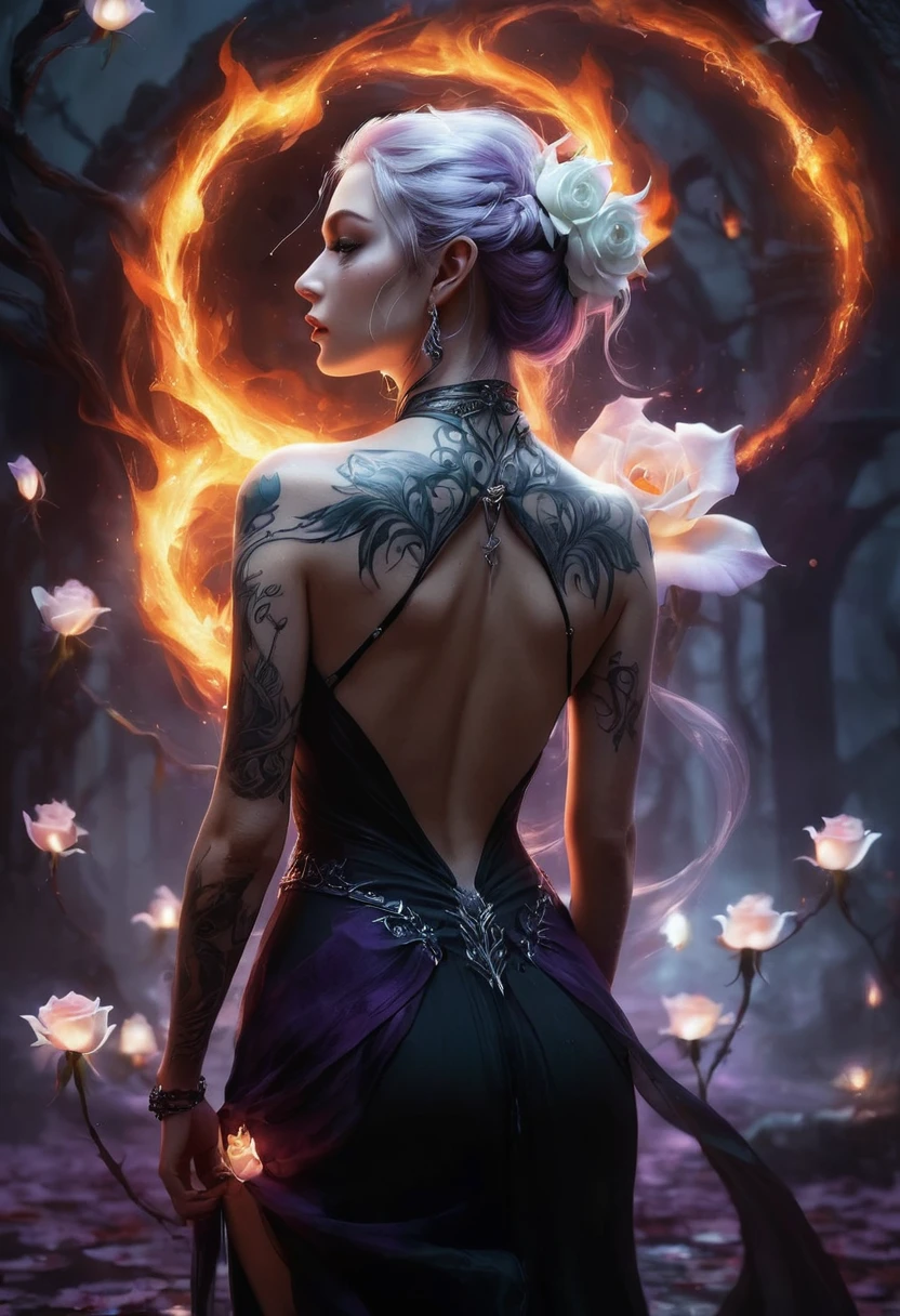 Arafed, Dark fantasy art, fantasy art, goth art, a picture of a tattoo on the back of a female elf, a glowing tattoo of a ((white rose: 1.3)) on the elf's back, the ((rose tattoo)) is vivid, intricate detailed coming to life from the ink to real life, GlowingRunesAI_purple, ((fire surrounds the rose petals: 1.5)), shoot taken from the back, ((the back is visible: 1.3), she wears a transparent black dress, the dress is elegant, flowing, elven style, that the tattoos glow, dynamic hair color, dynamic hair style, faize,, Digital Painting