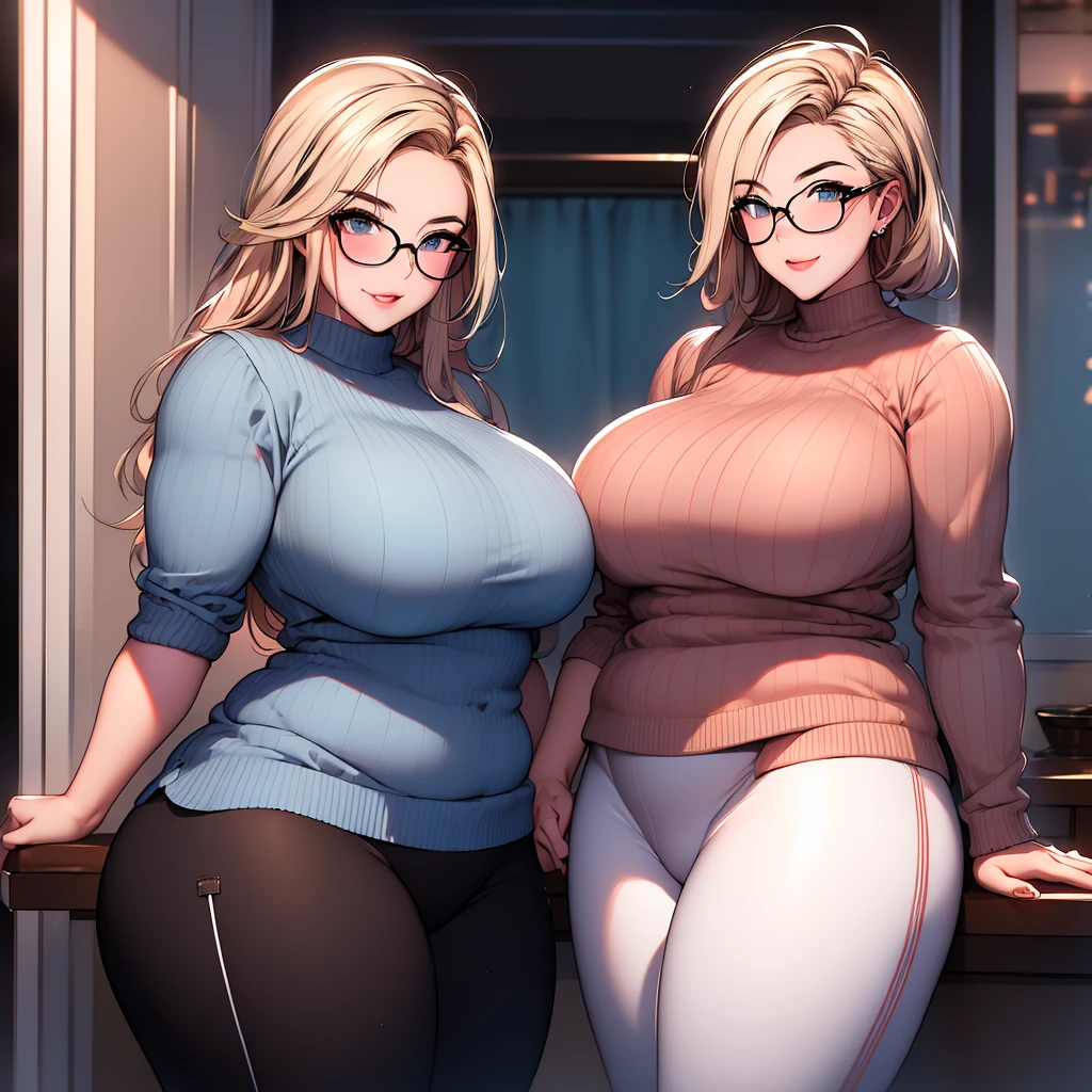 plump , curvy , thic woman with very shor blonde hair wearing a puff sweater and leggings and glasses
