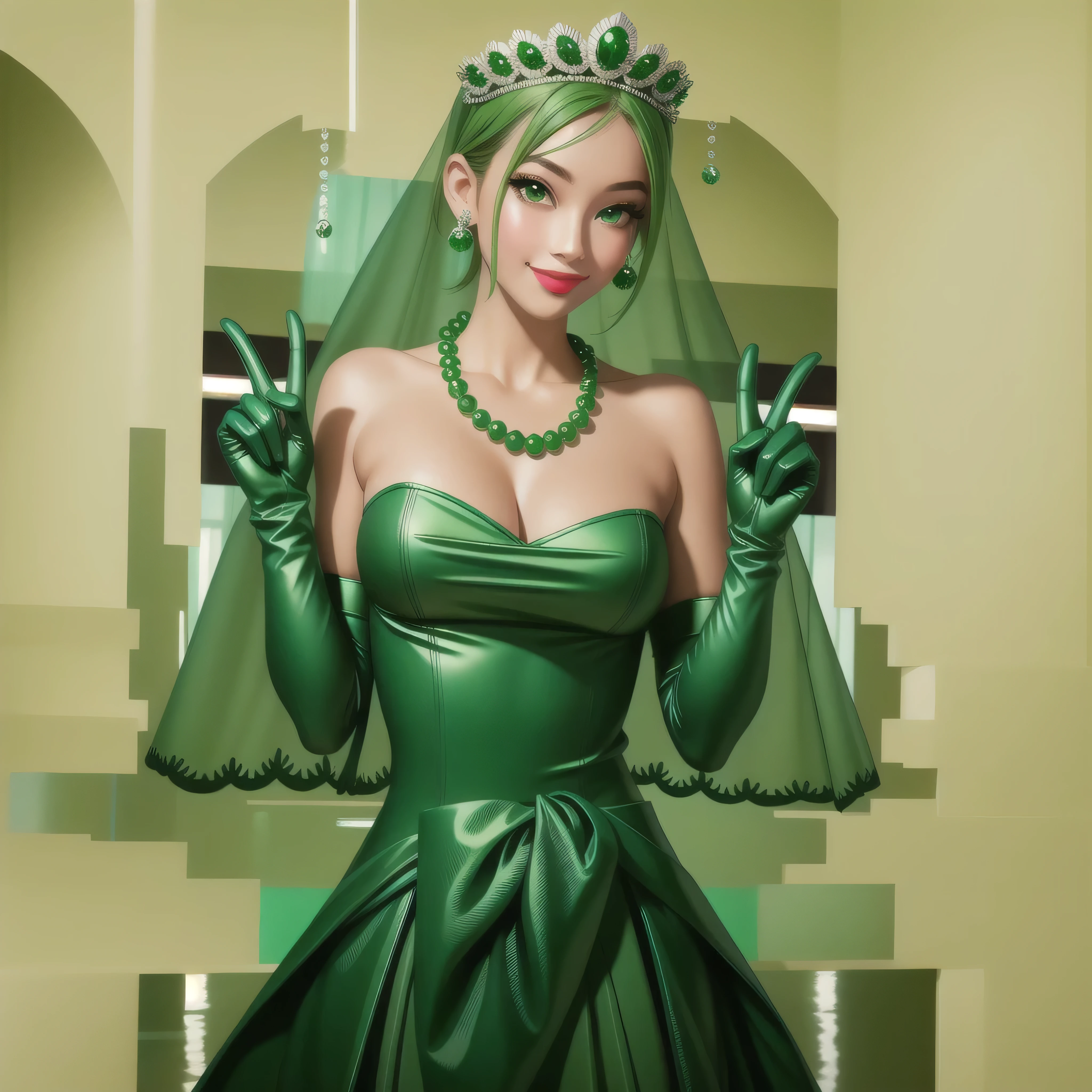 emerald tiara, Green Pearl Necklace, Boyish very short green hair, Green Lips, Smiling Japanese woman, Very short hair, Busty beautiful lady, Green Eyes, Green satin long gloves, Green Eyes, Emerald Earrings, Green veil, all of, Green Hair, Beautiful Japanese Women, green lip gloss