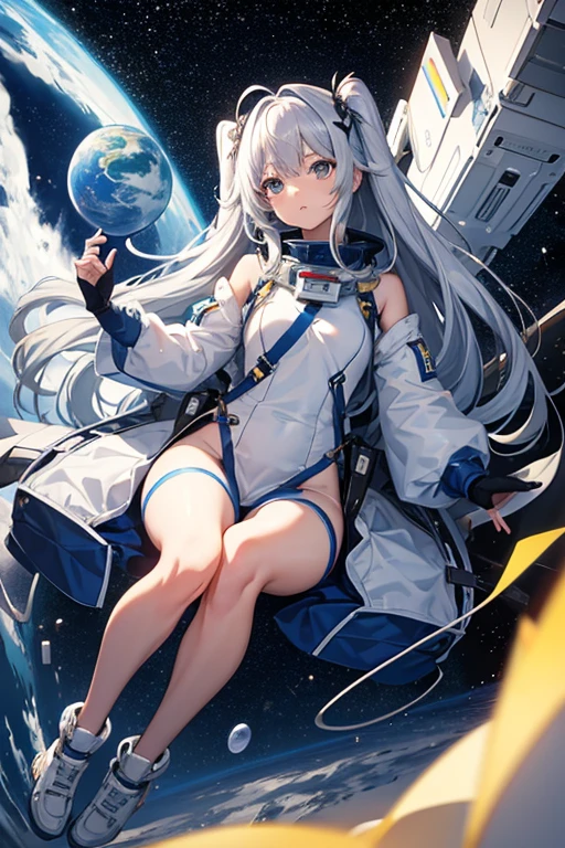 masterpiece, Highest quality, High resolution，Follow the on-screen instructions、Anime Style、Follow the prompts、One Girl、Long silver hair、、universe space、Confused、Spacewalk、Reaching out to the earth、Adrift in Space