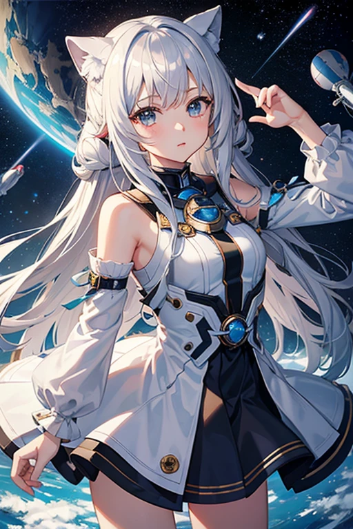 masterpiece, Highest quality, High resolution，Follow the on-screen instructions、Anime Style、Follow the prompts、One Girl、Long silver hair、、universe space、Confused、Spacewalk、Reaching out to the earth、Adrift in Space