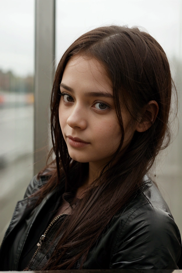 Cute 18 year old teen, small lady, wearing cute black tshirt, portrait, cute young face, brown hair grading into light blue hair, beautiful eyes, open eyes, hyper realistic, realistic texture, moody lighting, unreal engine, cinestill 800, beautiful succubus, grey eyes, ((derevschikova:1.5)), perfect nose, 8k, fuji xt3, high contrast, busty dd size breasts, large natural breasts