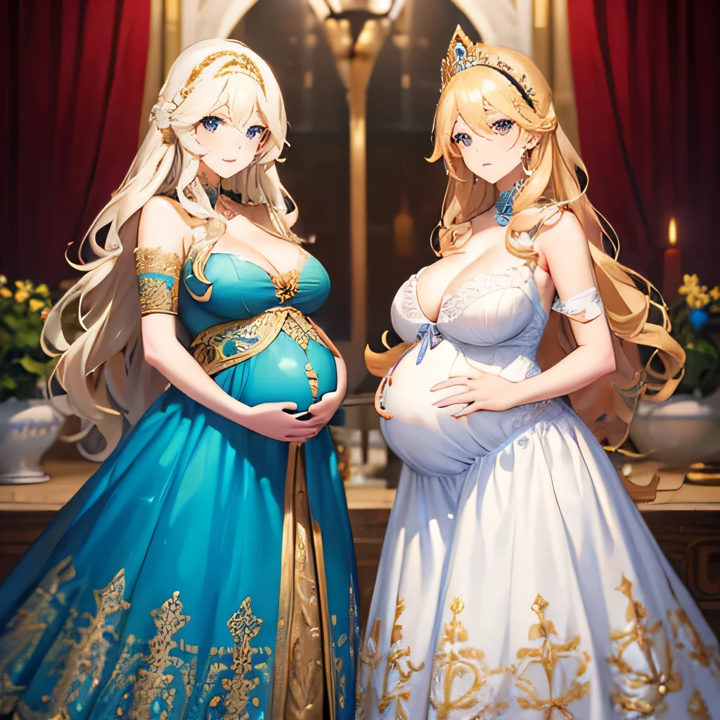 Beautiful pregnant queen, wavy blonde hair, blue eyes, ornate light blue dress with white and gold details, cleavage 