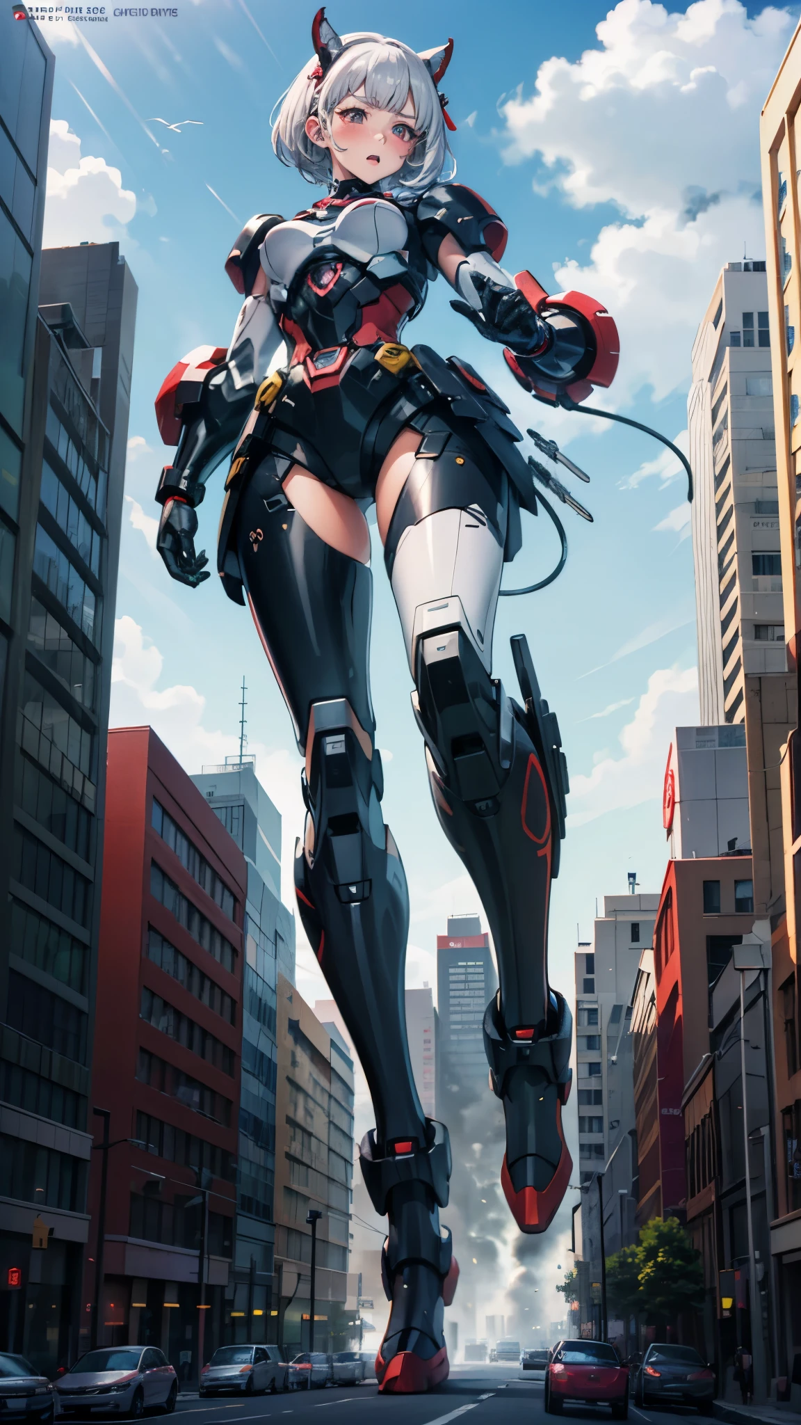 Concept Art, Beautiful anime scene, Beautiful anime scenery, Top rated on pixiv, Highest quality, 4K resolution,,
A full body photo of a girl, Silver Hair, Red eyes, Bobcut, (Look forward), (surprised), (blush), Android, Female type, Mecha Girl, Outdoor, dynamic pose, rampage, GTS, giantess