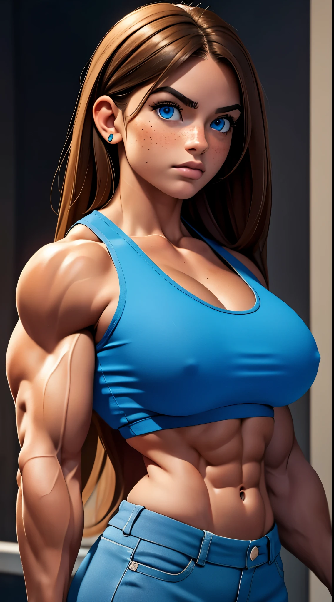 A beautiful young Italian girl with a muscular, busty physique, light brown hair, piercing blue eyes, and adorable freckles, wearing casual clothing, showcasing her incredibly defined and hyper muscular biceps, (best quality,4k,8k,highres,masterpiece:1.2),ultra-detailed,(realistic,photorealistic,photo-realistic:1.37),hyper muscular, busty, muscular, Italian, young girl, light brown hair, blue eyes, freckles, casual clothing, defined biceps, strong, athletic, dynamic pose