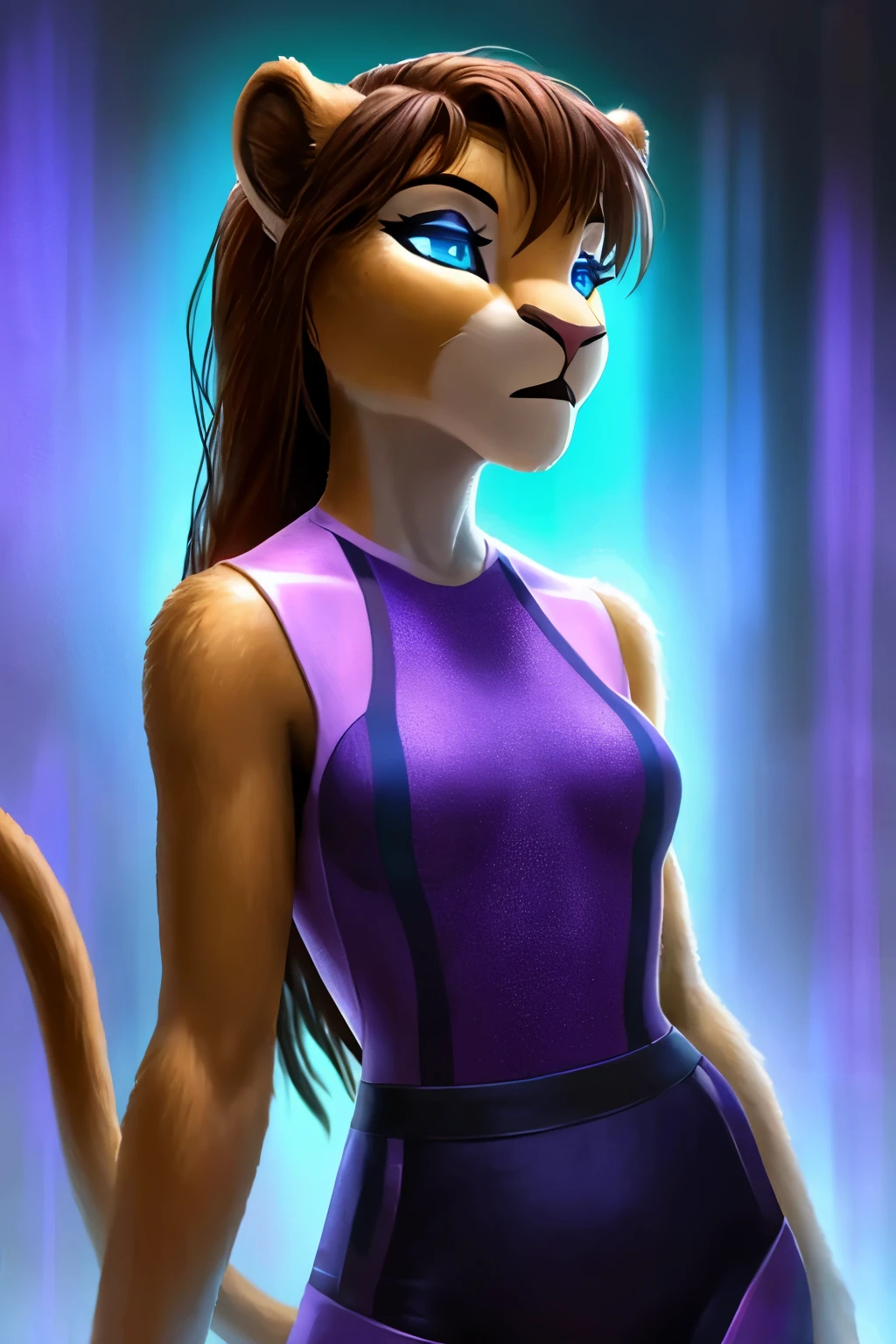 a mind-controlled, hypnotized android housewife with a lioness anthro transformation, featuring brown hair, piercing blue eyes, emanating a glowing aura from her eyes, dressed in a stylish purple sportswear attire. The android has a dazed expression, resembling a character from a 3D Disney-style artwork. The scene is depicted with the highest quality, showcasing ultra-detailed features, capturing a realistic and photorealistic essence. The artwork exhibits vivid colors, sharp focus, and studio lighting, enhancing the overall visual impact. The color scheme leans towards a harmonious blend of tones with a touch of purple and blue hues, creating an enchanting ambiance. The lighting accentuates the grace and beauty of the android housewife, casting intriguing shadows and highlights that further amplify her captivating presence.