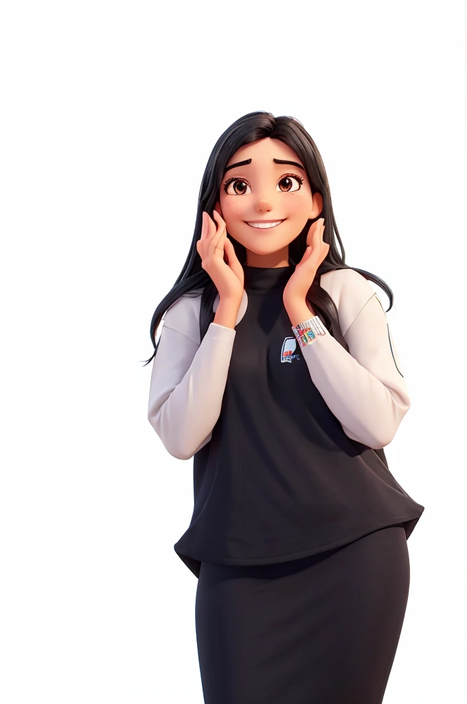 a smiling woman, with black hair and white tshirt with the logo MEGA FARMA in red and blue