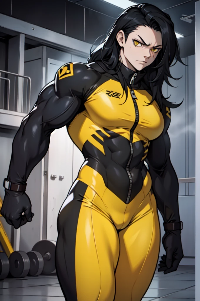 pale skin solo 1 girl black hair yellow eyes angry very long hair dark atmosphere (huge breasts bodybuilder toned body muscular) skinsuit standing