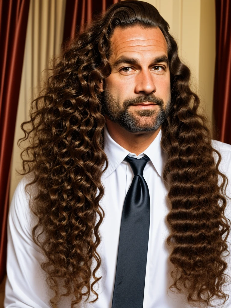 naughty man, long curly hair, 40 years The Duke's attire is a display of elegance and power, consisting of a long coat richly adorned with gold thread embroidery interwoven in intricate patterns on a deep velvet fabric. The cuffs and collars are embellished with finely crafted lace, complementing polished gold buttons. Sob o casaco, a robe of silver brocade shines, decorated with heraldic motifs that symbolize noble lineage. Fitted black silk pants and polished leather boots complete the ensemble., highlighting the Duke's majestic posture as he walks with grace and dignity