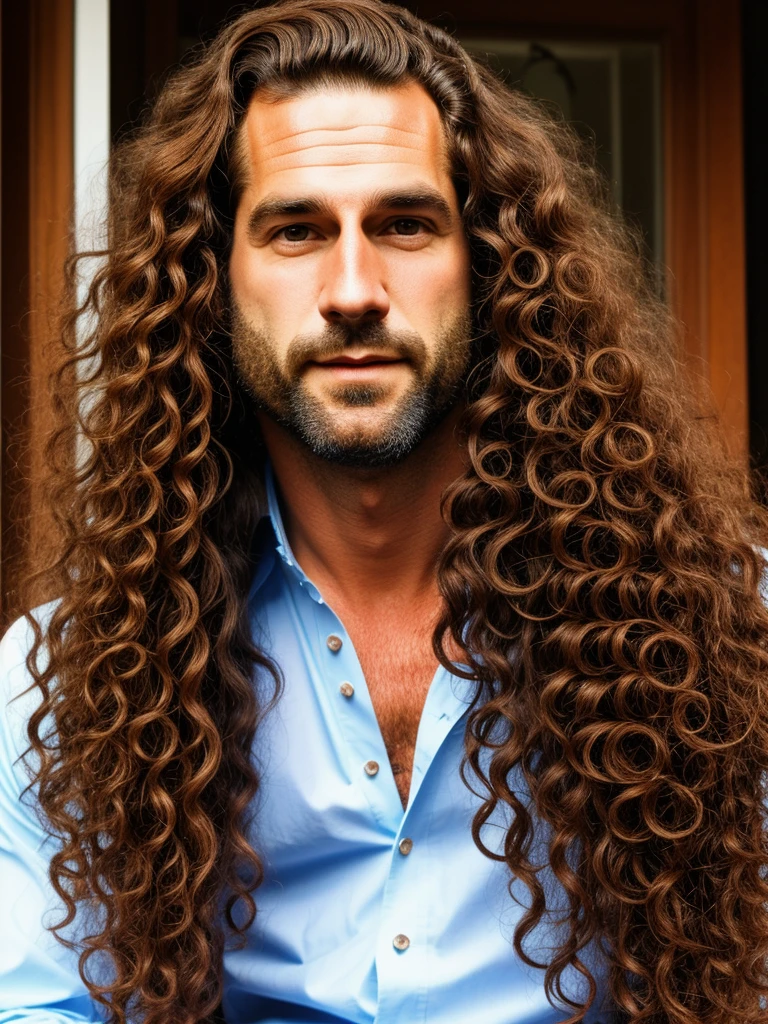 naughty man, long curly hair, 40 years The Duke's attire is a display of elegance and power, consisting of a long coat richly adorned with gold thread embroidery interwoven in intricate patterns on a deep velvet fabric. The cuffs and collars are embellished with finely crafted lace, complementing polished gold buttons. Sob o casaco, a robe of silver brocade shines, decorated with heraldic motifs that symbolize noble lineage. Fitted black silk pants and polished leather boots complete the ensemble., highlighting the Duke's majestic posture as he walks with grace and dignity