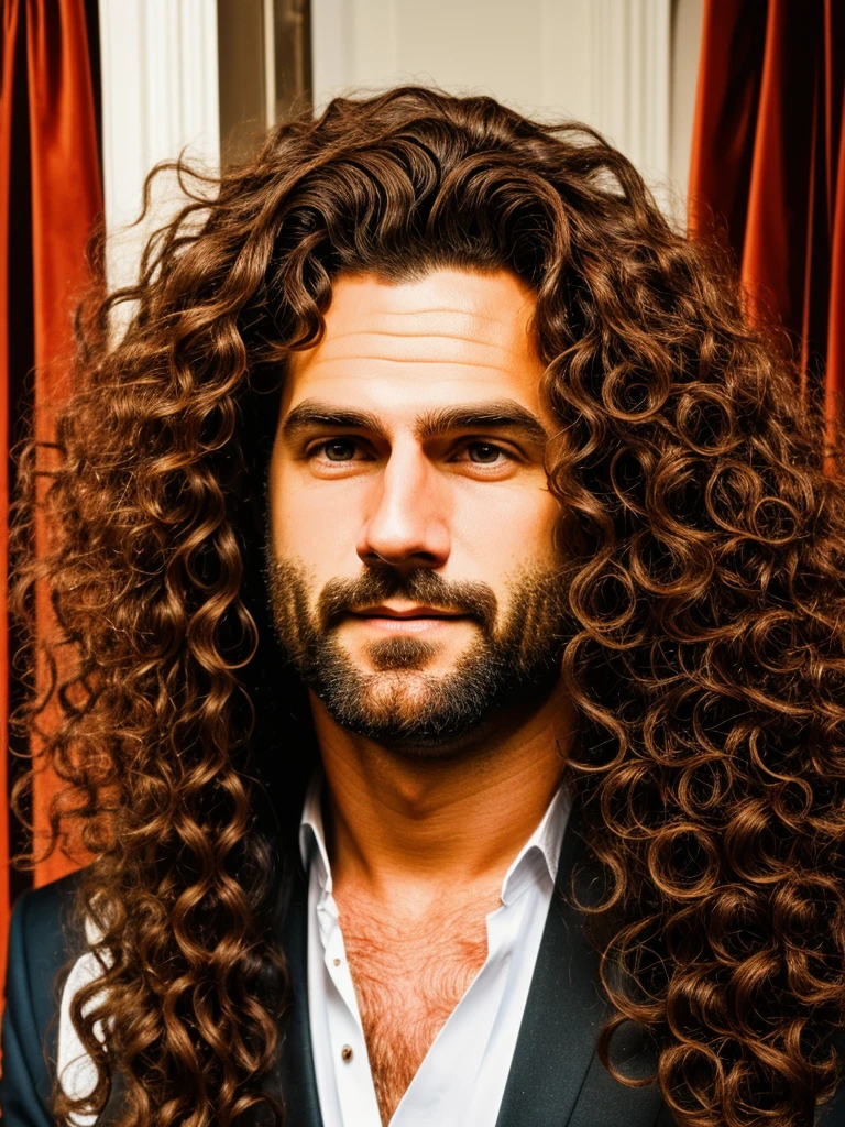 naughty man, long curly hair, 40 years The Duke's attire is a display of elegance and power, consisting of a long coat richly adorned with gold thread embroidery interwoven in intricate patterns on a deep velvet fabric. The cuffs and collars are embellished with finely crafted lace, complementing polished gold buttons. Sob o casaco, a robe of silver brocade shines, decorated with heraldic motifs that symbolize noble lineage. Fitted black silk pants and polished leather boots complete the ensemble., highlighting the Duke's majestic posture as he walks with grace and dignity