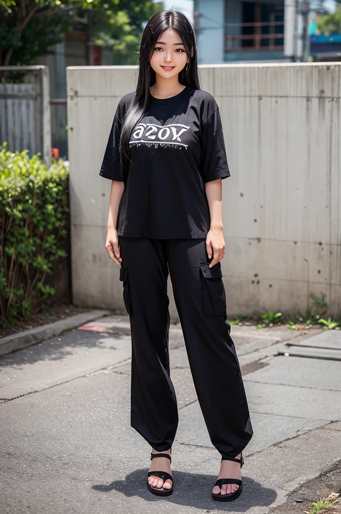 full body photo of captivating Burmese modern 22-year-old girl in the Yangon city. Straight and shine black long hair. slightly chubby. round face. big suffer eyes. mouth slightly open. perfect ???????. suffer smile. suffer look. squinted eyes. oversize black t-shirt and loose gray cargo pant.