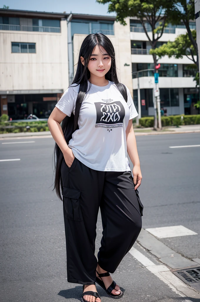 full body photo of captivating Burmese modern 22-year-old girl in the Yangon city. Straight and shine black long hair. slightly chubby. round face. big suffer eyes. mouth slightly open. perfect anatomy. suffer smile. suffer look. squinted eyes. oversize black t-shirt and loose gray cargo pant.