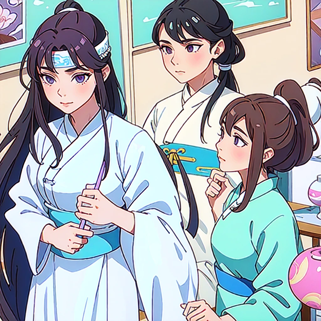 ( Best Quality, ancient china, A girl, long white Chinese dress with pastel light blue edges), long hair tied in a ponytail, Brown hair, lilac eyes, short sleeves
