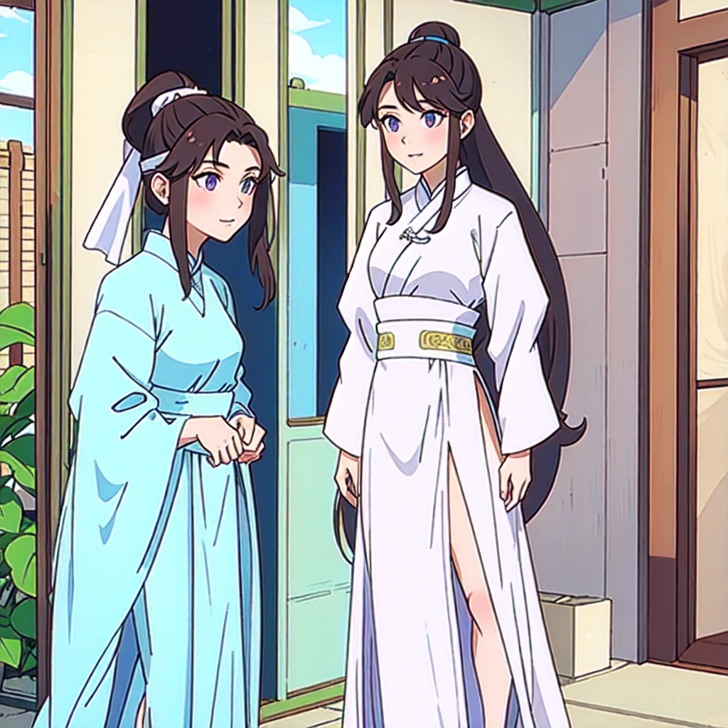 ( Best Quality, ancient china, A girl, long white Chinese dress with pastel light blue edges), long hair tied in a ponytail, Brown hair, lilac eyes, short sleeves
