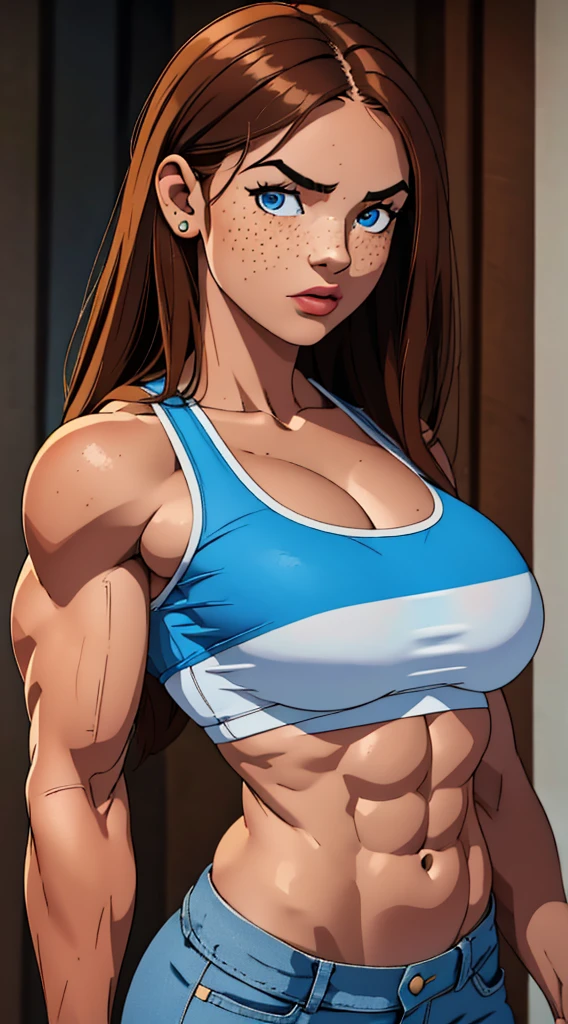 A beautiful young Italian girl with a muscular, busty physique, light brown hair, piercing blue eyes, and adorable freckles, wearing casual clothing, showcasing her incredibly defined and hyper muscular biceps, (best quality,4k,8k,highres,masterpiece:1.2),ultra-detailed,(realistic,photorealistic,photo-realistic:1.37),hyper muscular, busty, muscular, Italian, young girl, light brown hair, blue eyes, freckles, casual clothing, defined biceps, strong, athletic, dynamic pose