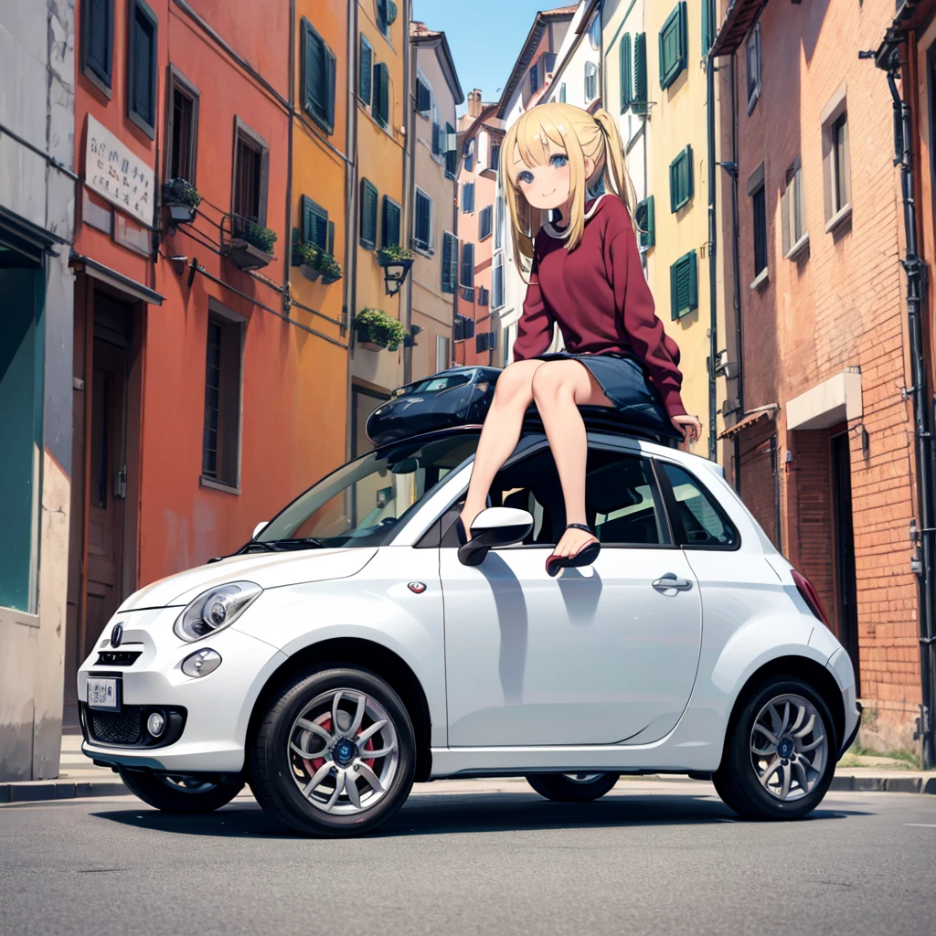 One Girl、Blonde、italian town、Girl in the car、Fiat 500、Smiling、Sitting on the hood of a car、